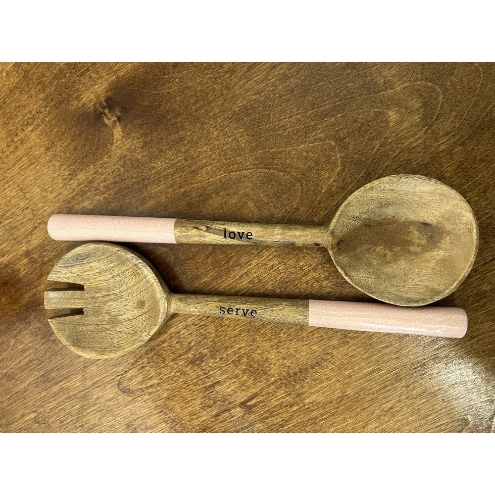 Mary & Martha Wooden Salad Utensils Handle Dipped In Pink Scripture Serve Love